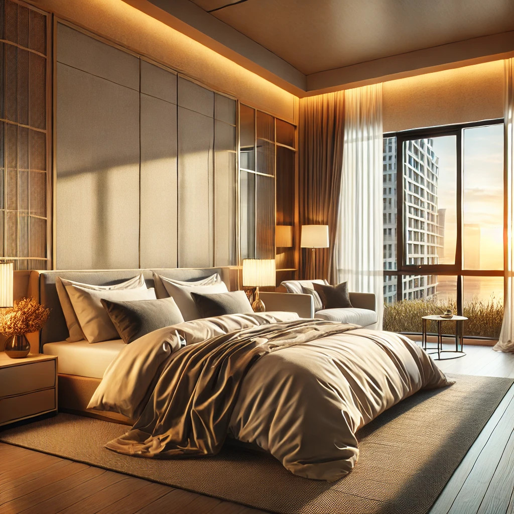Quarto Moderno com Grandes Janelas